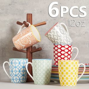 12oz Coloful Coffee Mug, Set of 6, Microwave Safe Ceramic Cups with Handle, Dishwasher/Oven Safe, Durable, Unique Gift Options - Assorted Colors